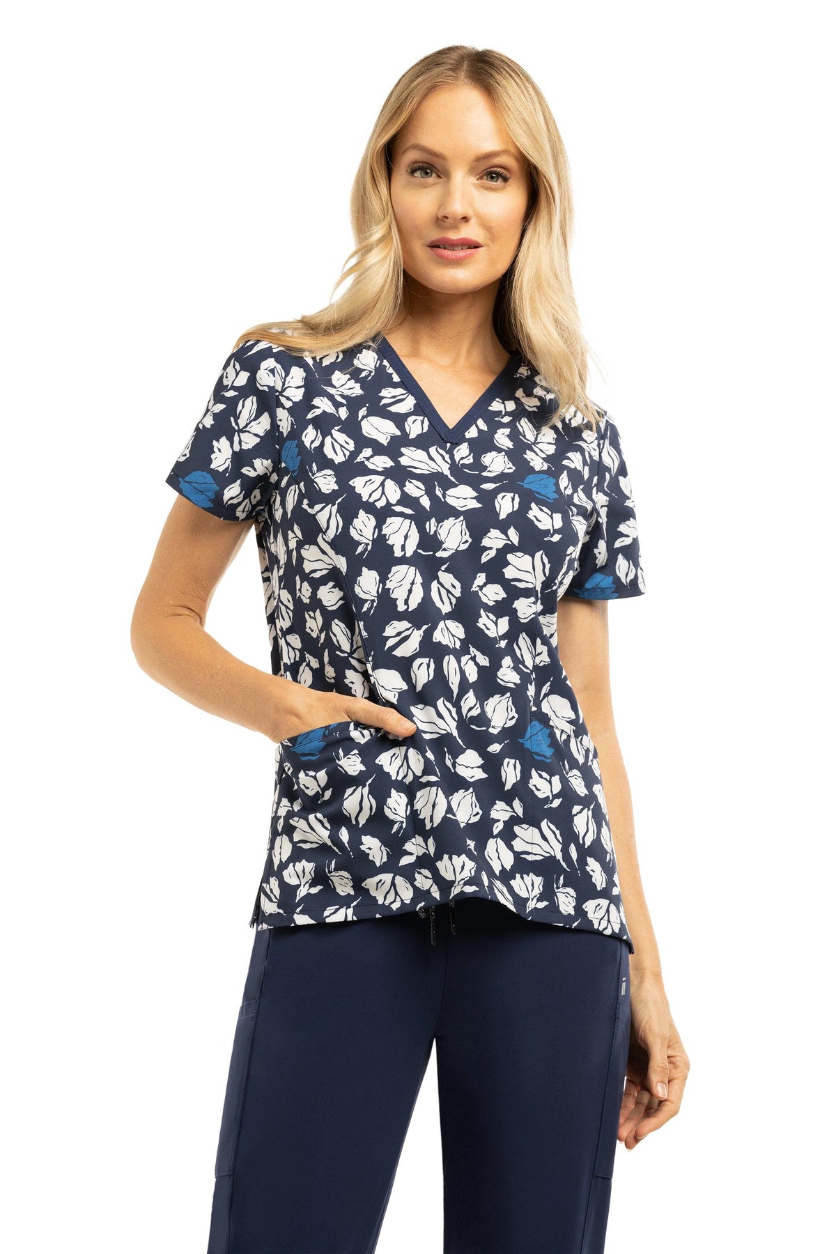 NOVA Traditional 4 Pocket Print V-Neck Top Petal Pop Navy - TAARA